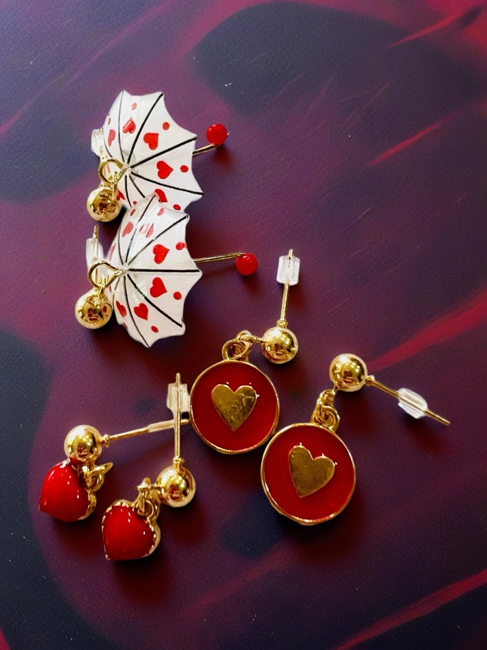 Teeny Tiny Umbrella Gold-Tone Red Hearts and Hearts Drop Earring Set of 3